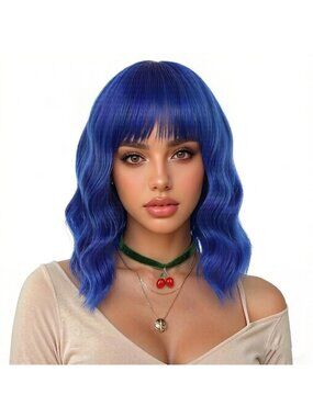 Women's Dark Blue Classic 14 Inch Natural Synthetic Short Wavy Curly Bob Wigs